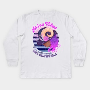 Funny Aries Zodiac Sign - Aries Vibes, Ramstastic Energy, 100% Unstoppable Kids Long Sleeve T-Shirt